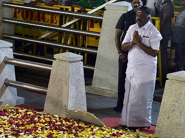 O Panneerselvam after meditating in front of late J Jayalalithaa's burial site at the Marina Beach in Chennai on Tuesday. PTI