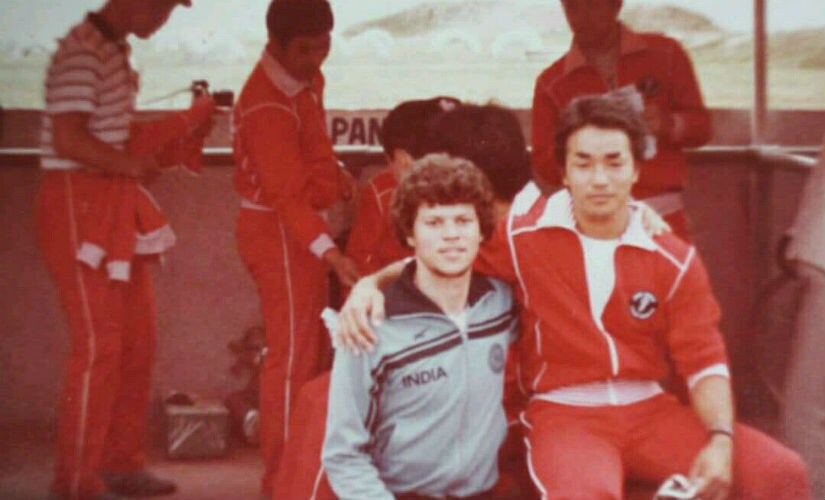 Maxwell Trevor with Japan’s Sakamato, the winner of the 1982 Asian Games 1 km time trial. Image courtesy: Maxwell Trevor