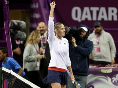 Karolina Pliskova reacts after winning the Qatar Open semi-final against Dominika Cibulkova. AFP