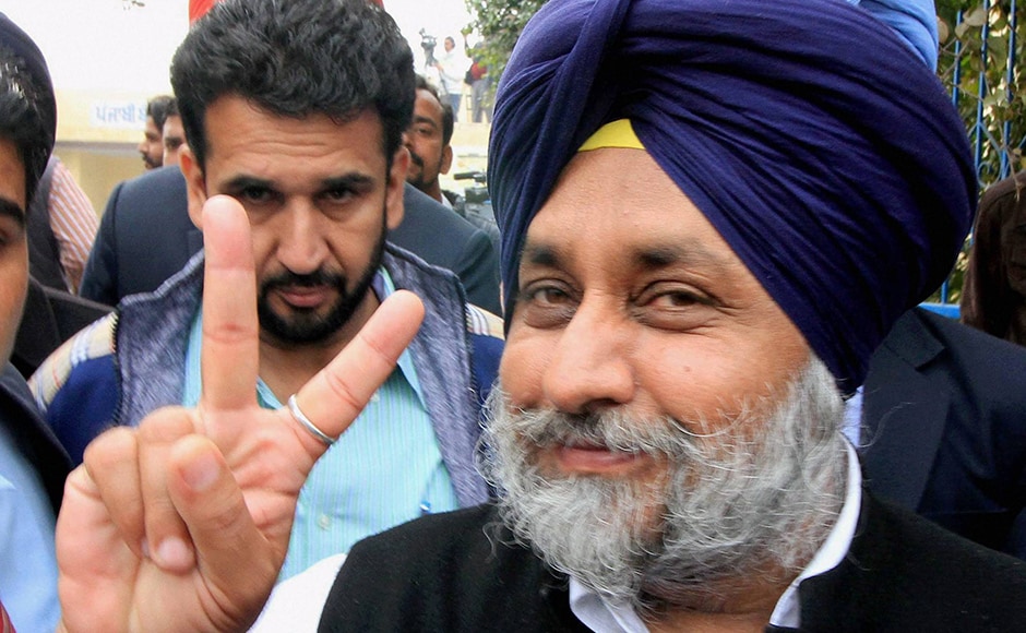 SAD president and deputy chief minister of Punjab Sukhbir Singh Badal showing a victory sign after casting his vote in Badal village in Muktsar district on Saturday. Earlier Congress Vice-President Rahul Gandhi had called Sukhbir Singh Badal a symbol of corruption. PTI. SAD president and deputy chief minister of Punjab Sukhbir Singh Badal showing a victory sign after casting his vote in Badal village in Muktsar district on Saturday. Earlier Congress Vice-President Rahul Gandhi had called Sukhbir Singh Badal a symbol of corruption. PTI.