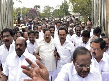 DMK leader MK Stalin arrives along with his party MLAs at State Secretariat on Saturday. PTI