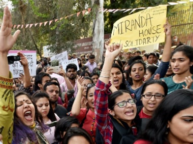 Students during the protest against ABVP in North Campus of New Delhi. PTI