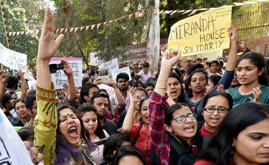 Students of Delhi University, JNU and Jamia during their protest march against ABVP at Delhi University North Campus in New Delhi on Tuesday. PTI