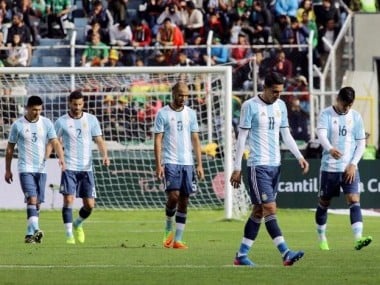 Argentina players react after losing to Bolivia in their World Cup qualification match. Reuters