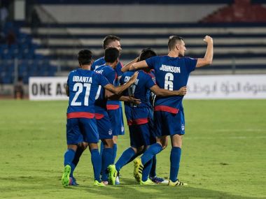 Bengaluru FC celebrate after a goal during their match against Mohun Bagan in the AFC Cup. Twitter/ @BengaluruFC