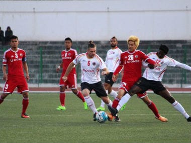 Action between East Bengal and Shillong Lajong FC. Image courtesy: Twitter/@ILeagueOfficial