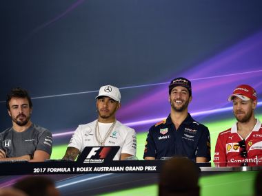 Formula One drivers (from left) McLaren's Fernando Alonso, Mercedes' Lewis Hamilton, Red Bull's Daniel Ricciardo and Ferrari's Sebastian Vettel. AFP