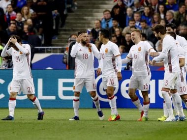 Spain's Gerard Deulofeu, fourth left, celebrates scoring with his teammates. AP