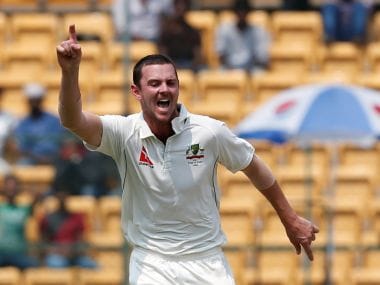 Australia's Josh Hazlewood celebrates the wicket of Ravindra Jadeja. REUTERS