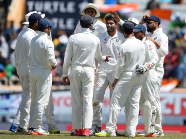 The Indian cricket team with captain Virat Kohli during the Ranchi Test. AFP