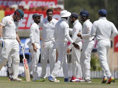 Indian players celebrate a wicket on Day 1 of Ranchi Test. AP