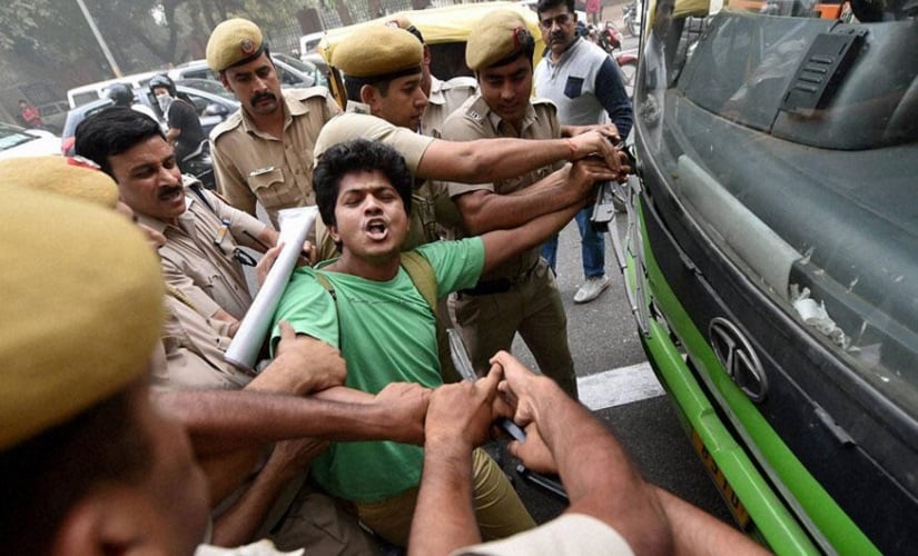 Members of AISA and JNUSU during a protest in New Delhi. PTI