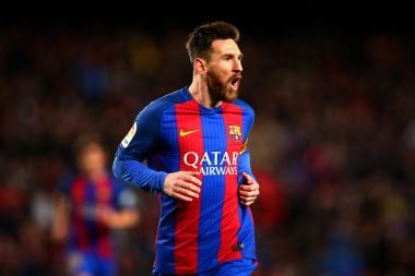 Lionel Messi of Barcelona celebrates after scoring against Celta Vigo at the Camp Nou on Saturday. Getty Images