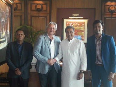New India U-17 football coach Luis Norton de Matos (2nd from left) shaking hands with AIFF president Praful Patel. AIFF