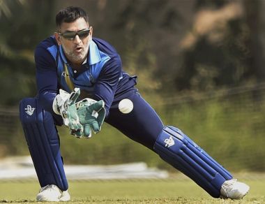 Jharkhand captain M S Dhoni in action during the Vijay Hazare Trophy against Hyderabad. PTI