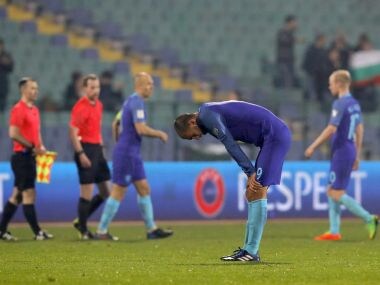 Netherlands' Bas Dost reacts after their World Cup Group A qualifying defeat to Bulgaria. AP