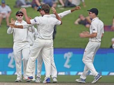 New Zealand celebrate the wicket of Dean Elgar of South Africa during day four. Getty