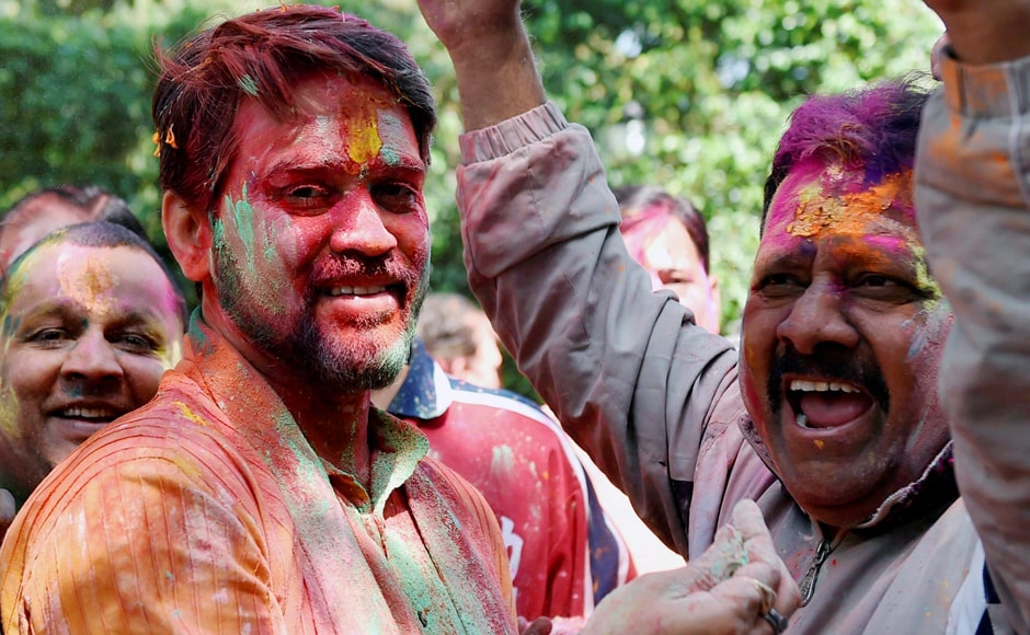 New Delhi: Former BCCI President and BJP MP Anurag Thakur playing holi with his supporters on the occasion of ' Holi festival' celebration in New Delhi on Monday. PTI New Delhi: Former BCCI President and BJP MP Anurag Thakur playing holi with his supporters on the occasion of ' Holi festival' celebration in New Delhi on Monday. PTI