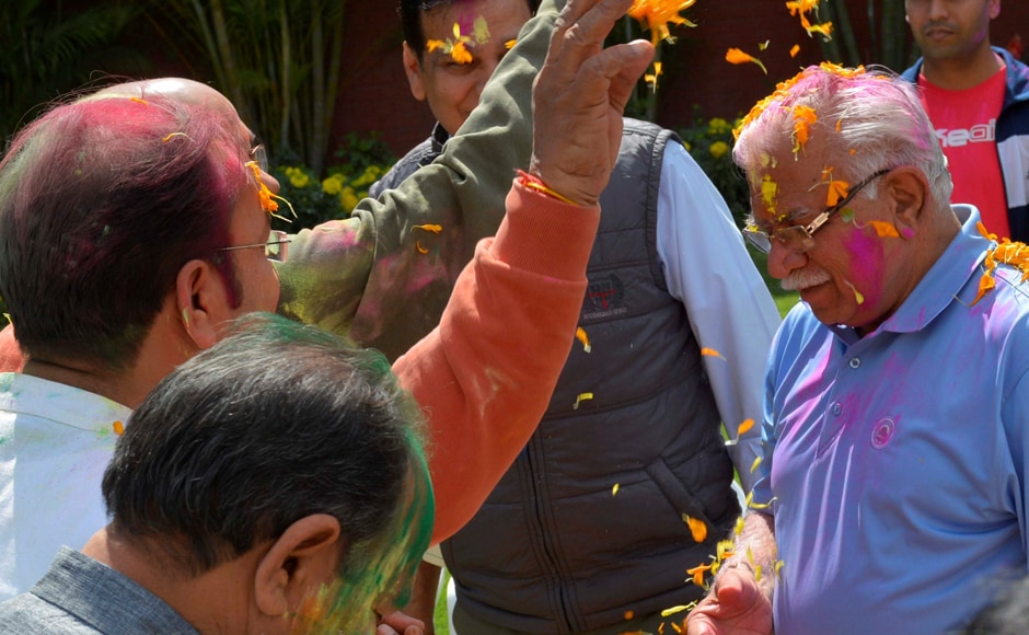 Chandigarh: Haryana Chief Minister Manohar Lal Khattar receives Holi greetings at his residence in Chandigarh on Monday. PTI Chandigarh: Haryana Chief Minister Manohar Lal Khattar receives Holi greetings at his residence in Chandigarh on Monday. PTI