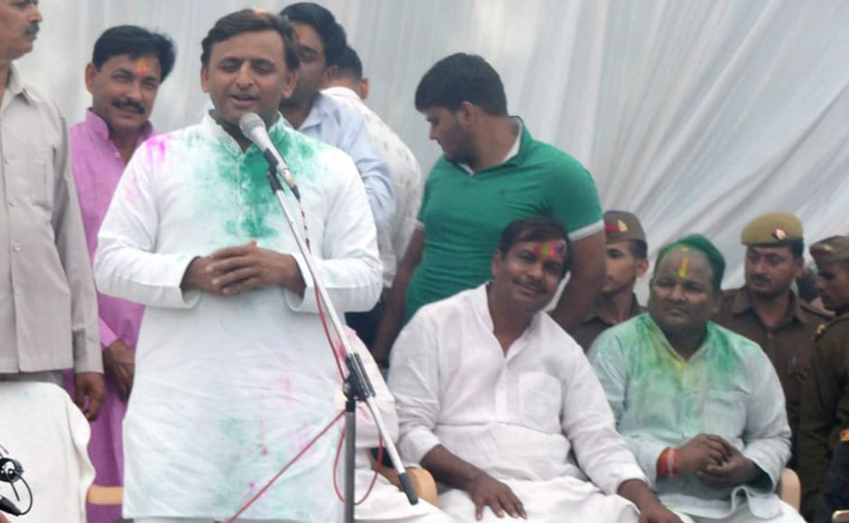 Saifai : Samajwadi Party President Akhilesh Yadav speaks to supporters during Holi celebrations at his native place Safai on Monday. PTI Saifai : Samajwadi Party President Akhilesh Yadav speaks to supporters during Holi celebrations at his native place Safai on Monday. PTI