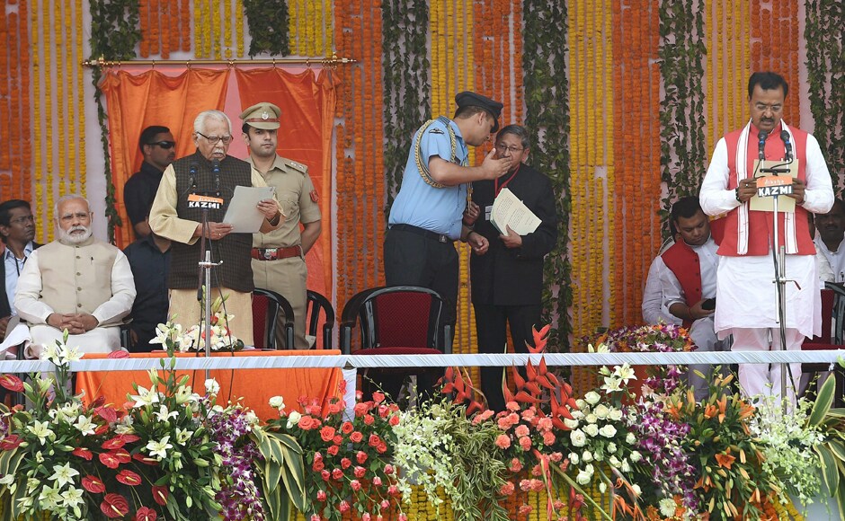 BJP state unit chief Keshav Prasad Maurya and party's national vice-president Dinesh Sharma were sworn in as cabinet ministers by Governor Ram Naik at a grand ceremony at Kanshiram Smriti Upvan in Lucknow. PTI BJP state unit chief Keshav Prasad Maurya and party's national vice-president Dinesh Sharma were sworn in as cabinet ministers by Governor Ram Naik at a grand ceremony at Kanshiram Smriti Upvan in Lucknow. PTI