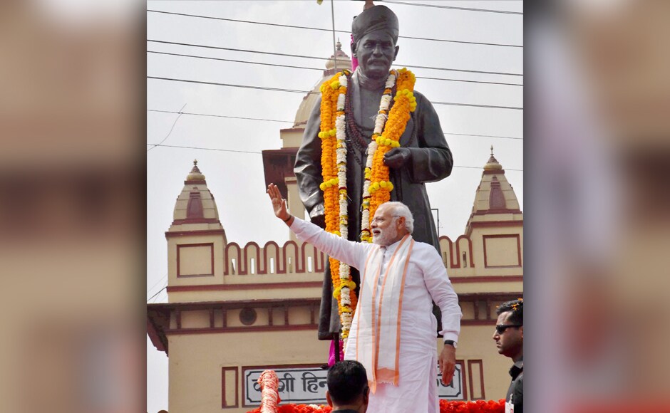 Prime Minister Narendra Modi turned his visit to the famous Kashi Vishwanath and Kal Bhairav temples into an impromptu roadshow on Saturday. PTI Prime Minister Narendra Modi turned his visit to the famous Kashi Vishwanath and Kal Bhairav temples into an impromptu roadshow on Saturday. PTI