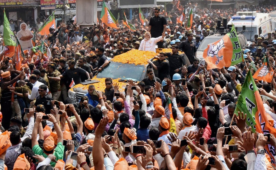 Modi's roadshow came on a day when the sixth phase of polling in 49 constituencies, including Gorakhpur and Azamgarh in the state was underway. PTI Modi's roadshow came on a day when the sixth phase of polling in 49 constituencies, including Gorakhpur and Azamgarh in the state was underway. PTI