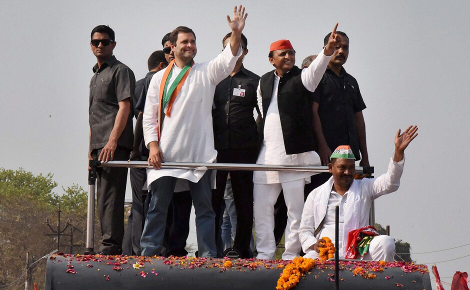 Their supporters lined the streets and showered flower petals as the roadshow inched its way through crowded streets. Posters proclaiming 'Akhilesh Again' with the image of a smiling Chief Minister were seen along the route. PTI Their supporters lined the streets and showered flower petals as the roadshow inched its way through crowded streets. Posters proclaiming 'Akhilesh Again' with the image of a smiling Chief Minister were seen along the route. PTI