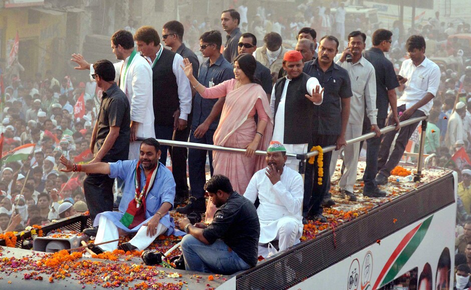Akhilesh's MP wife Dimple joined the roadshow midway on Saturday. PTI Akhilesh's MP wife Dimple joined the roadshow midway on Saturday. PTI