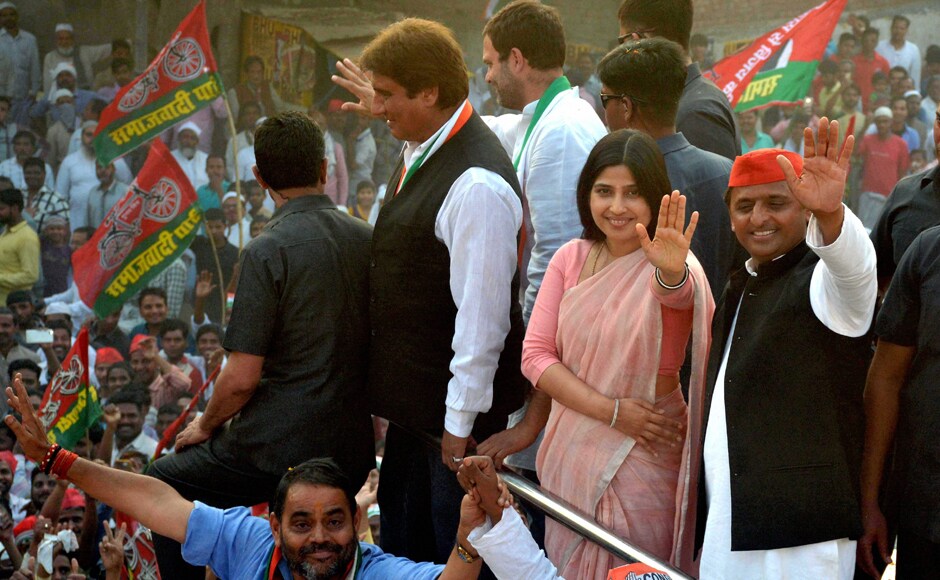 Samajwadi Party president and Chief Minister Akhilesh Yadav along with Congress vice president Rahul Gandhi undertook a roadshow in Varanasi on Saturday. PTI Samajwadi Party president and Chief Minister Akhilesh Yadav along with Congress vice president Rahul Gandhi undertook a roadshow in Varanasi on Saturday. PTI