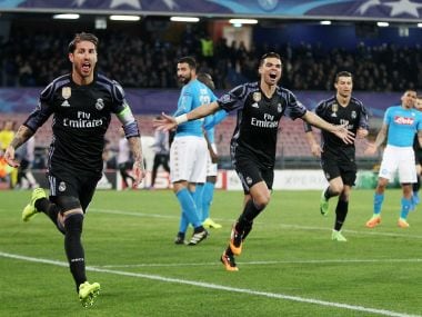 Sergio Ramos of Real Madrid celebrates scoring against Napoli. Getty