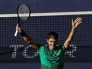 Roger Federer celebrates his win over Stan Wawrinka at Indian Wells. Getty