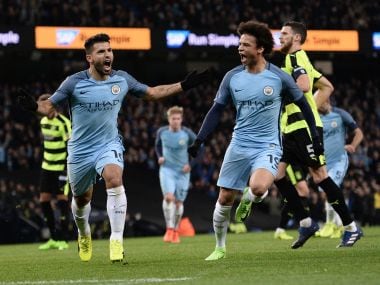 Manchester City's striker Sergio Aguero celebrates scoring his team's second goal. AFP