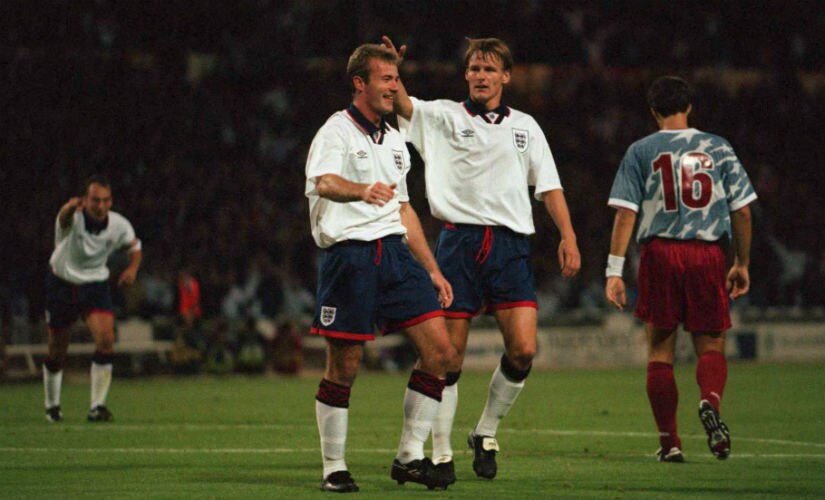 Alan Shearer (L) with Teddy Sheringham in England colours.