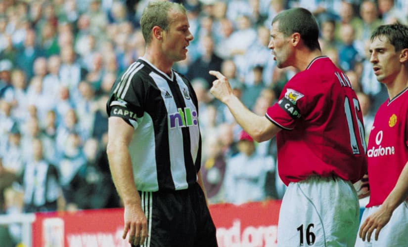 Shearer argues with Roy Keane during the FA Barclaycard Premiership match between Newcastle United and Manchester United at St James' Park in 2001. Image courtesy: Gary M Prior /Allsport