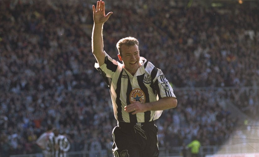 Alan Shearer celebrates his goal for Newcastle against Sunderland in a Premier League match at St James Park in April 1997. Image courtesy: Stu Forster /Allsport