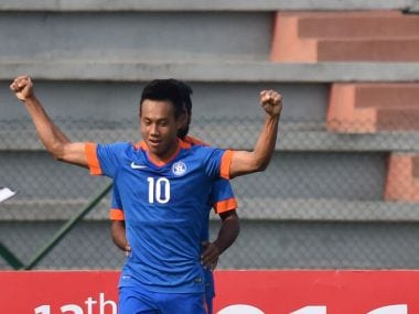 India's Udanta Singh celebrates after scoring in the 2016 South Asian Games semi-final against Bangladesh. AFP