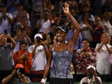 Venus Williams waves to the crowd after defeating Angelique Kerber at Miami Open. Getty