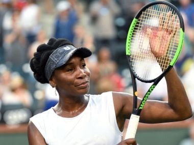 Venus Williams celebrates after defeating Jelena Jankovic at Indian Wells. Getty