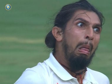 Ishant making a funny face during Day 2 of the Bengaluru Test against Austraia. Image courtesy: Twitter/ @CricketAus