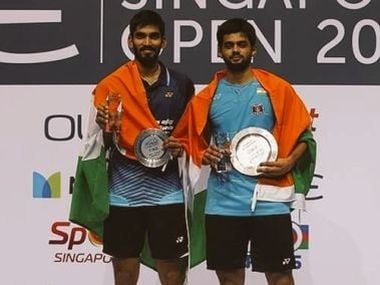 B Sai Praneeth and Kidambi Srikanth pose on the podium after the SIngapore Open final.