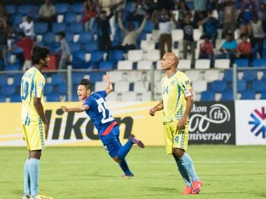 Bengaluru FC's NIshu Kumar celebrates after scoring. Image courtesy: Bengaluru FC