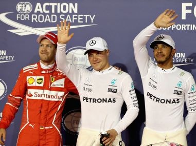 Top three qualifiers Valtteri Bottas, Lewis Hamilton and Sebastian Vettel after qualifying. Getty