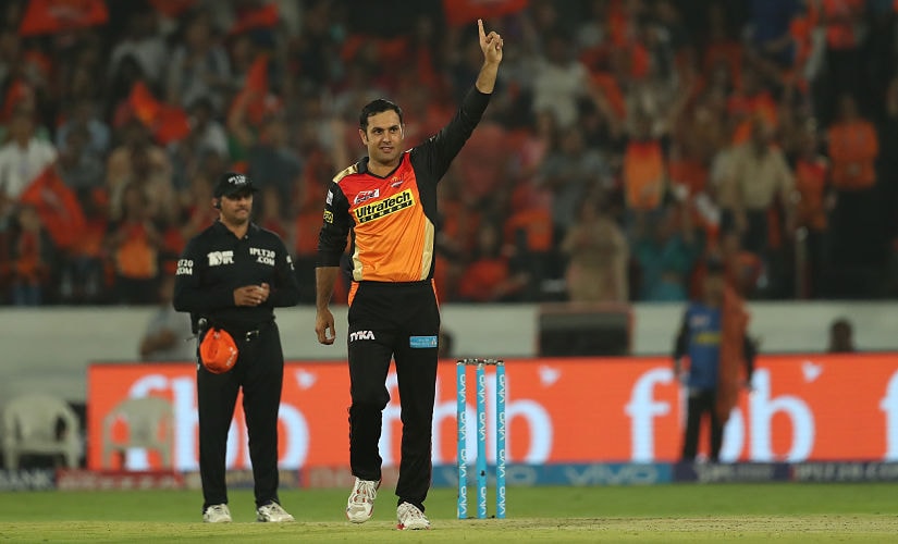 Mohammad Nabi of the Sunrisers Hyderabad celebrates the wicket of Eoin Morgan, his first ever in the IPL. Sportzpics - IPL
