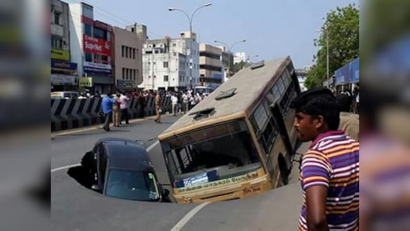 Chennai Metro work likely behind Anna Salai road accident, cave-in takes along MTC bus and car