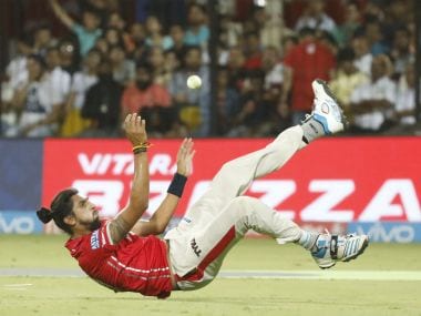 Ishant Sharma of Kings XI Punjab falls during the match against Mumbai Indians. Sportzpics/ IPL