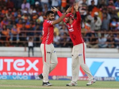 KC Cariappa and Glenn Maxwell of Kings XI Punjab celebrate a wicket during their match against Gujarat. Sportzpics