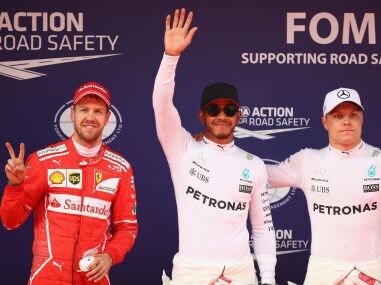 Top three qualifiers Lewis Hamilton of Mercedes GP, Sebastian Vettel of Ferrari, and Valtteri Bottas. Getty