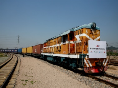 A train carrying containers from London arrives at the freight railway station in Yiwu, Zhejiang province, China, April 29, 2017. The sign at the front of the train reads: 