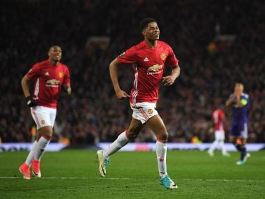 Marcus Rashford of Manchester United celebrates as he scores against Anderlecht. Getty